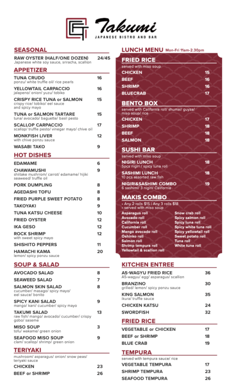 View Our Menu Takumi Japanese Bistro Bar Columbia Mall