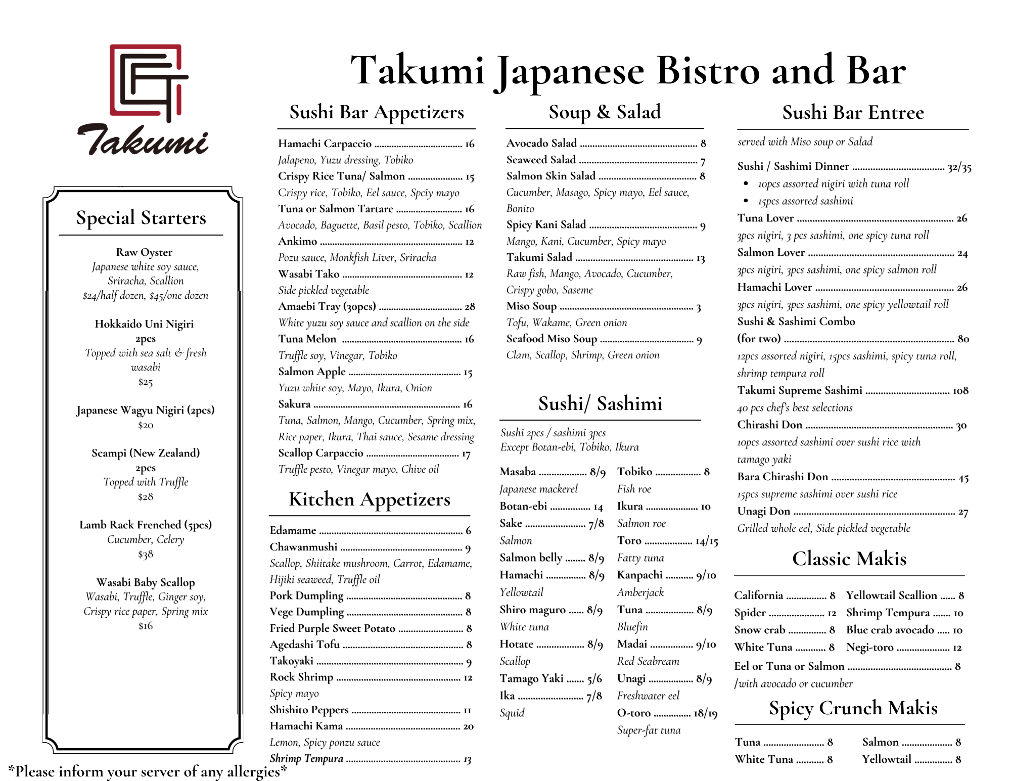 Takumi Main Menu Side 1 October 2024